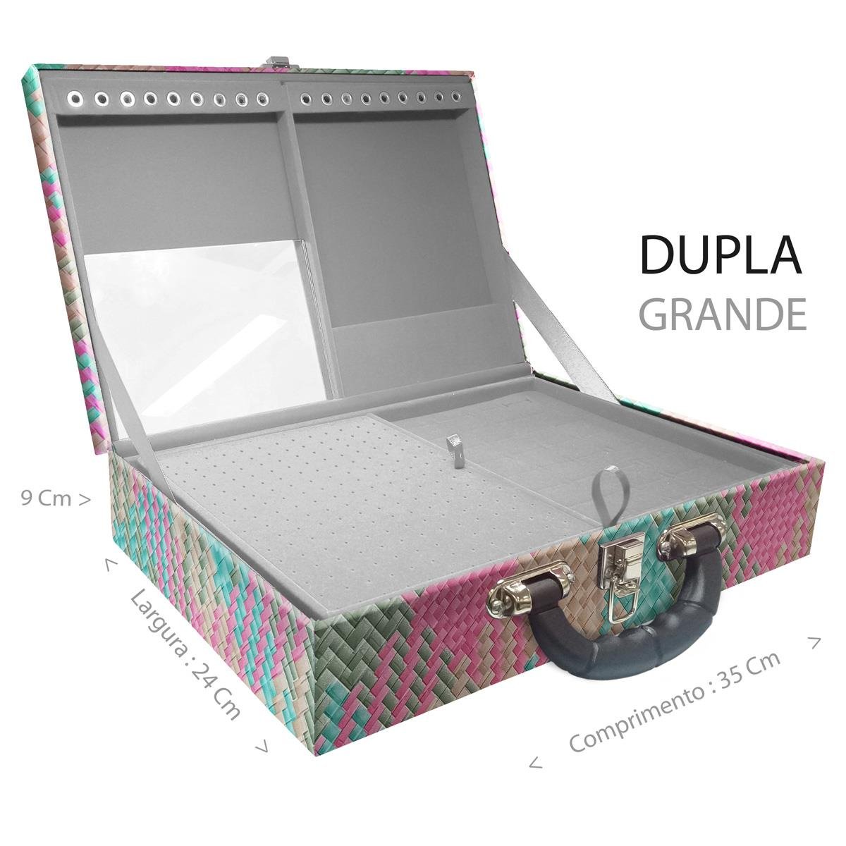 Estojo Maleta Porta Jóias Duplo Grande Fiji Pink Com Alça Preta e Espelho