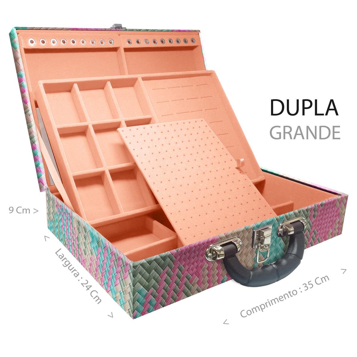 Estojo Maleta Porta Jóias Duplo Grande Fiji Pink Com Alça Preta e Espelho