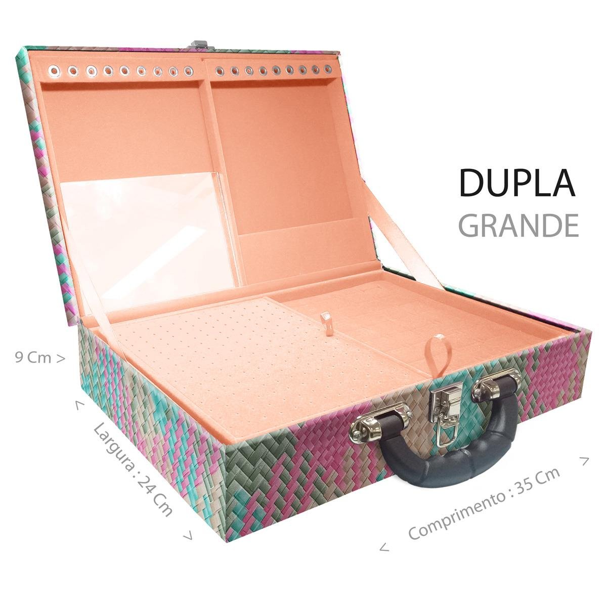 Estojo Maleta Porta Jóias Duplo Grande Fiji Pink Com Alça Preta e Espelho