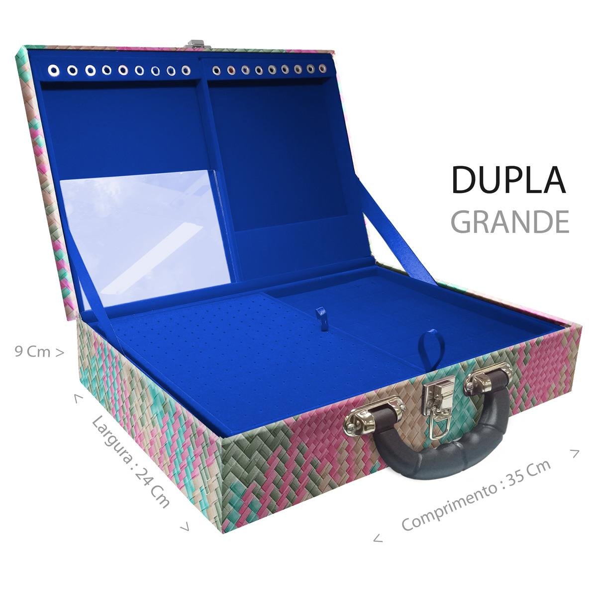 Estojo Maleta Porta Jóias Duplo Grande Fiji Pink Com Alça Preta e Espelho