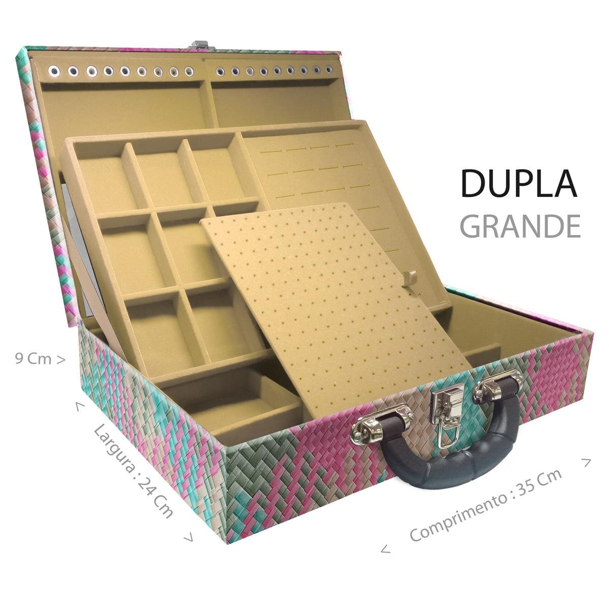 Estojo Maleta Porta Jóias Duplo Grande Fiji Pink Com Alça Preta e Espelho