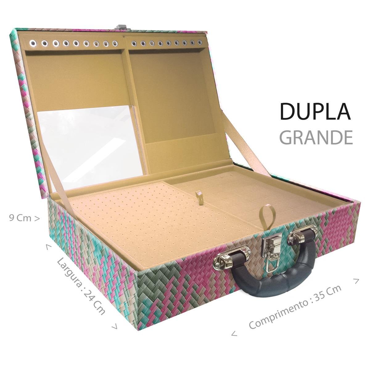 Estojo Maleta Porta Jóias Duplo Grande Fiji Pink Com Alça Preta e Espelho