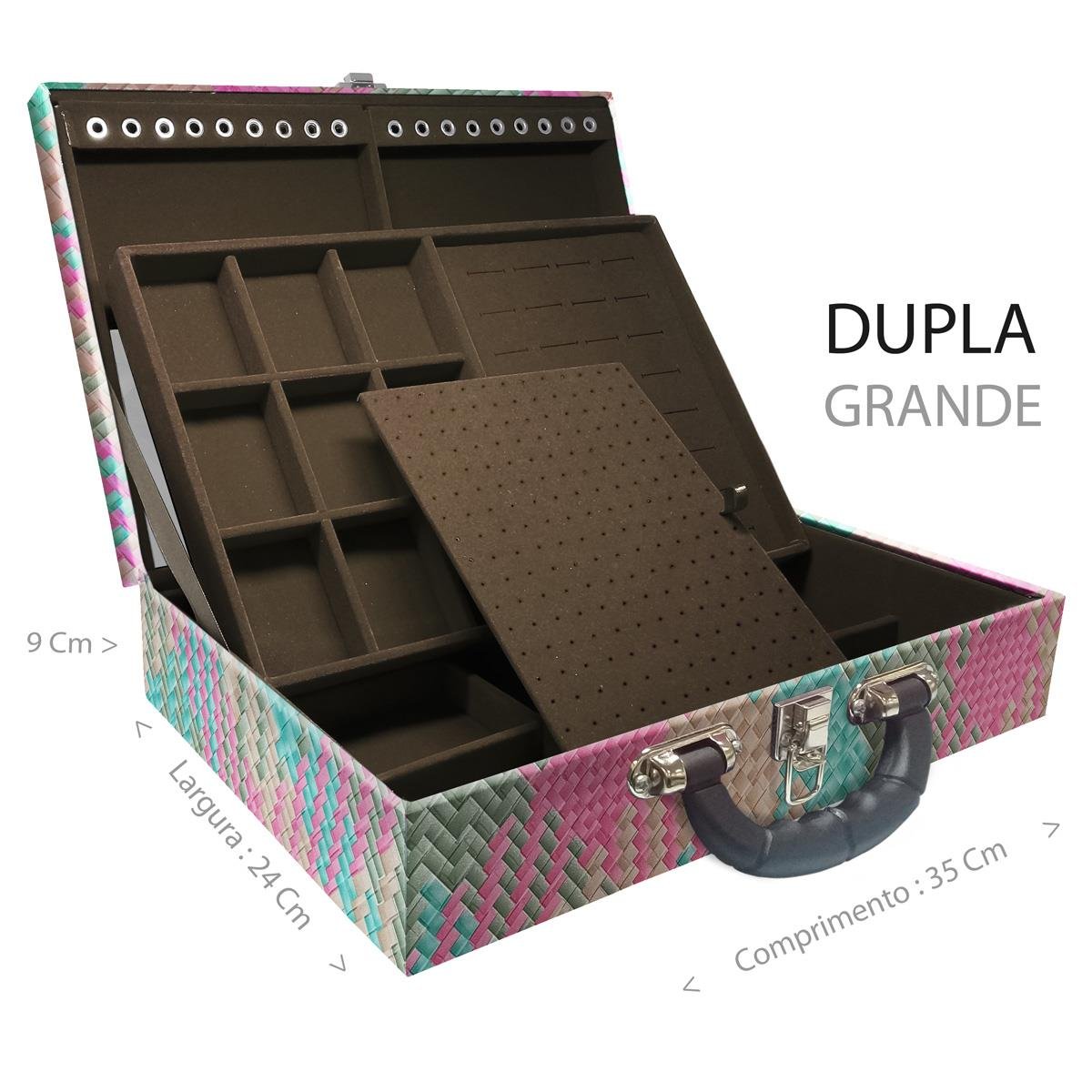 Estojo Maleta Porta Jóias Duplo Grande Fiji Pink Com Alça Preta e Espelho