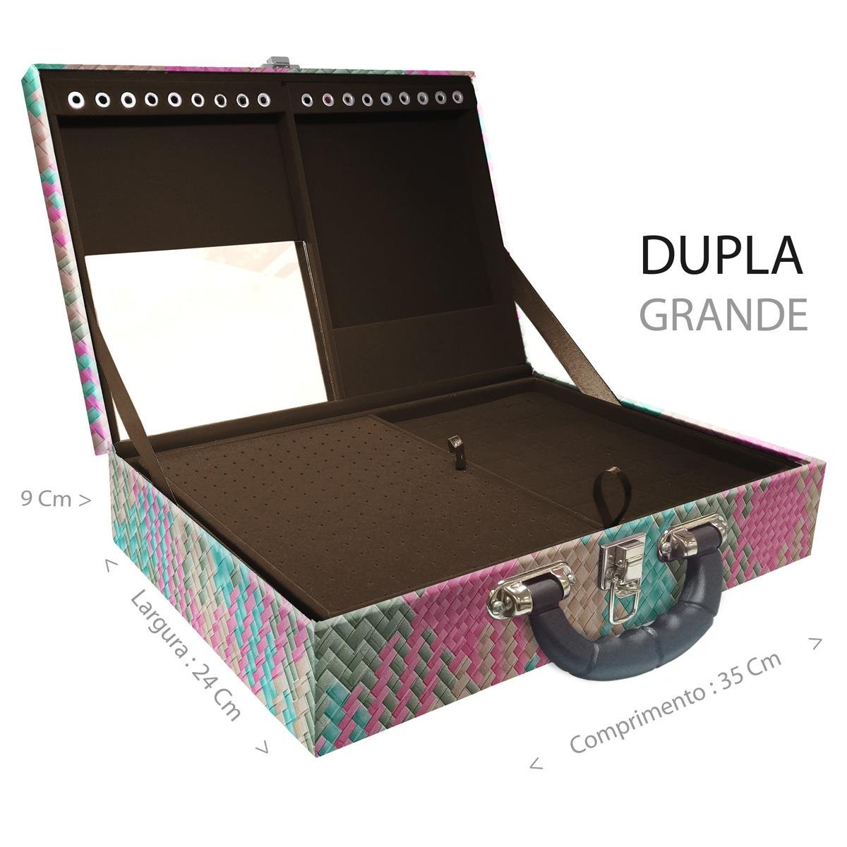 Estojo Maleta Porta Jóias Duplo Grande Fiji Pink Com Alça Preta e Espelho