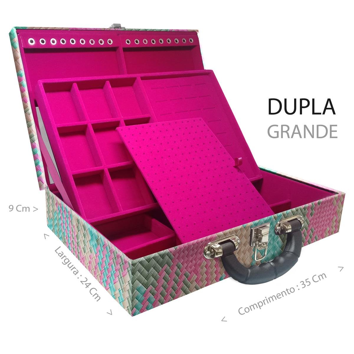 Estojo Maleta Porta Jóias Duplo Grande Fiji Pink Com Alça Preta e Espelho