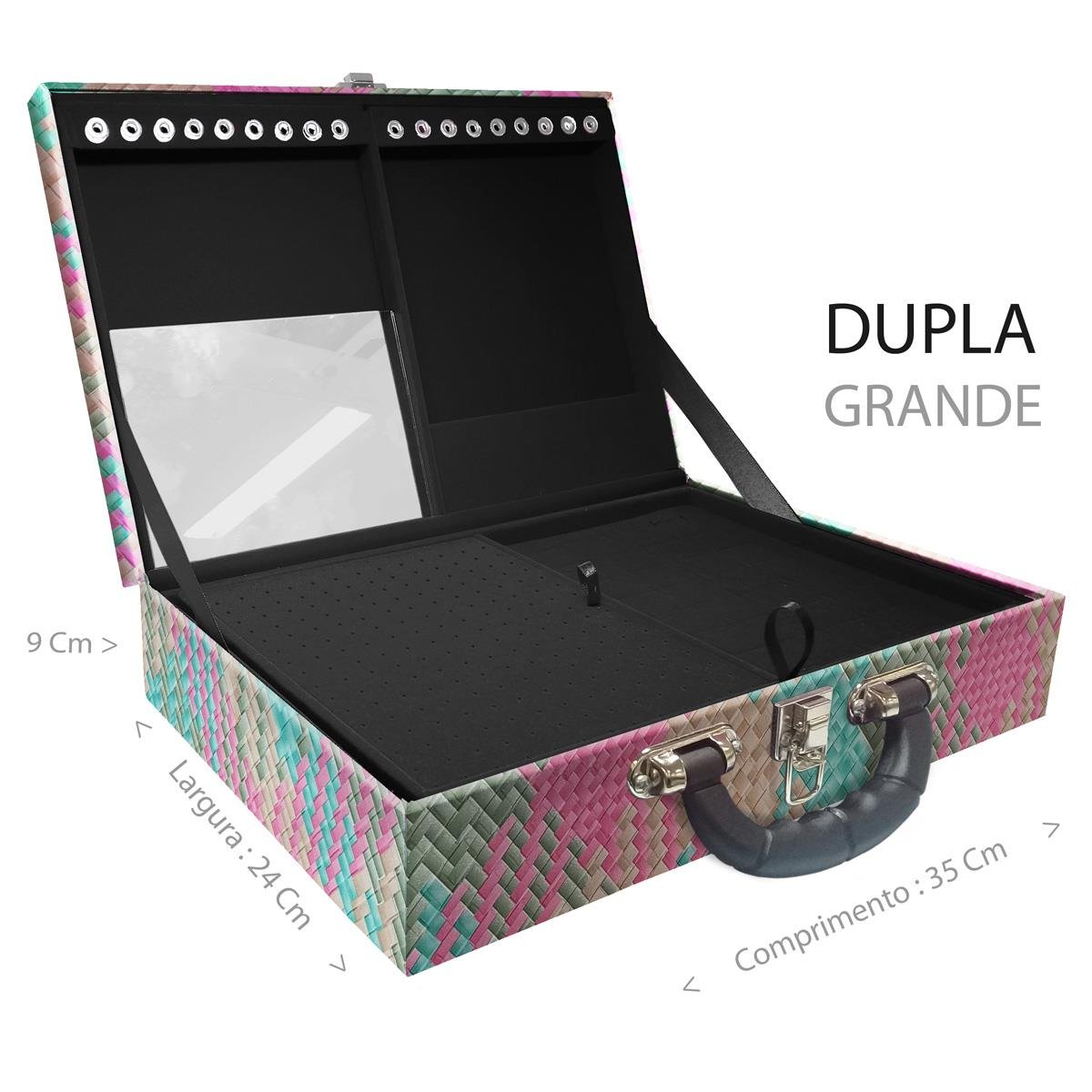 Estojo Maleta Porta Jóias Duplo Grande Fiji Pink Com Alça Preta e Espelho