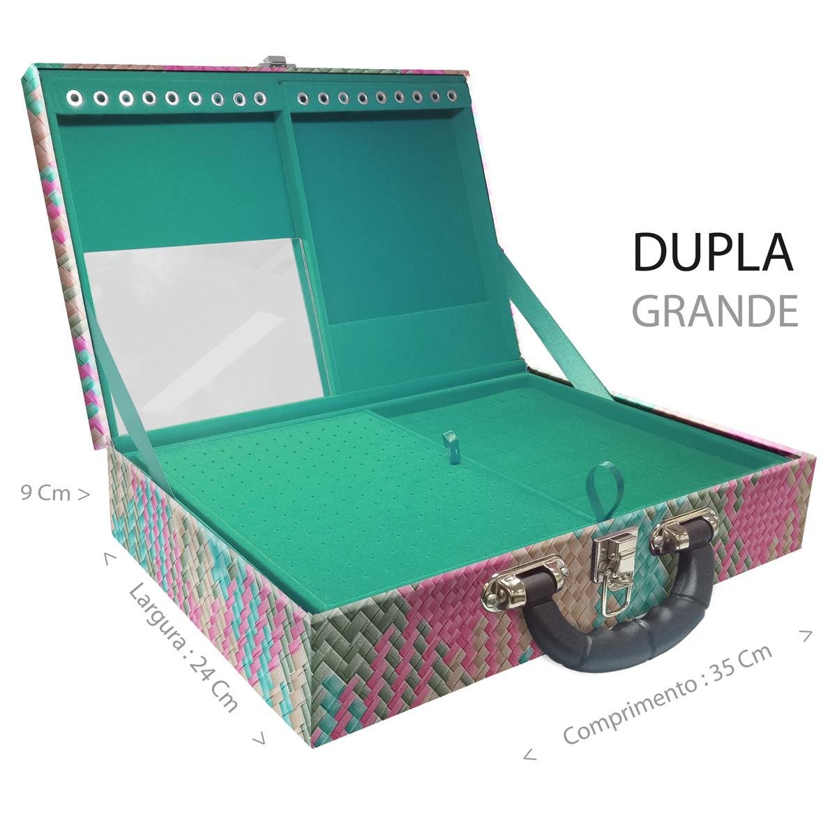 Estojo Maleta Porta Jóias Duplo Grande Fiji Pink Com Alça Preta e Espelho