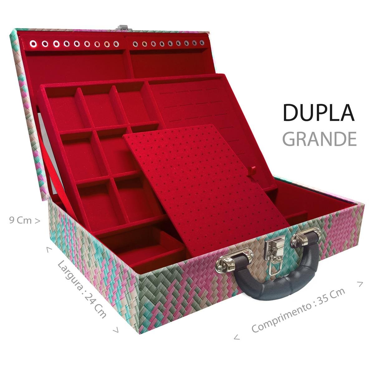 Estojo Maleta Porta Jóias Duplo Grande Fiji Pink Com Alça Preta e Espelho