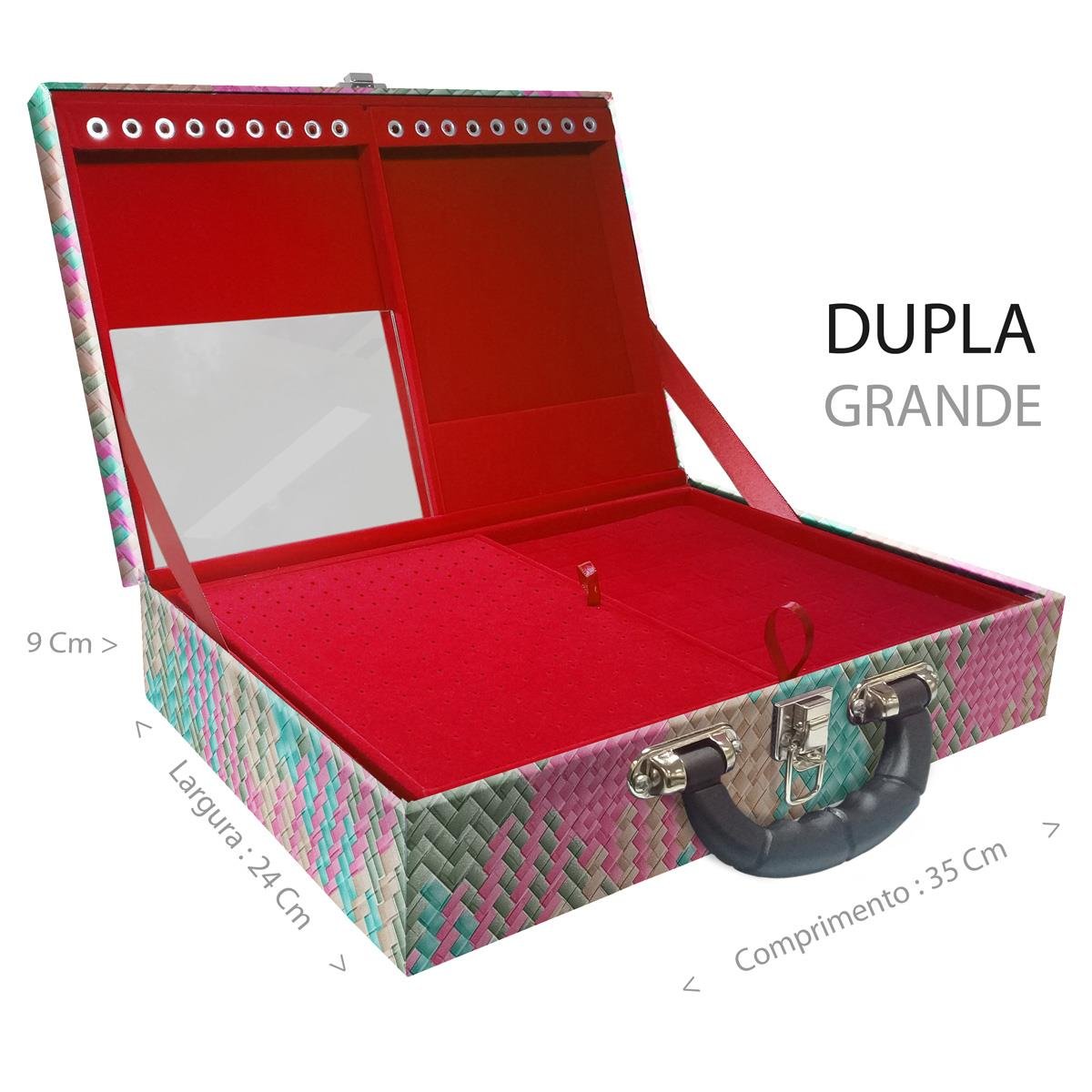 Estojo Maleta Porta Jóias Duplo Grande Fiji Pink Com Alça Preta e Espelho