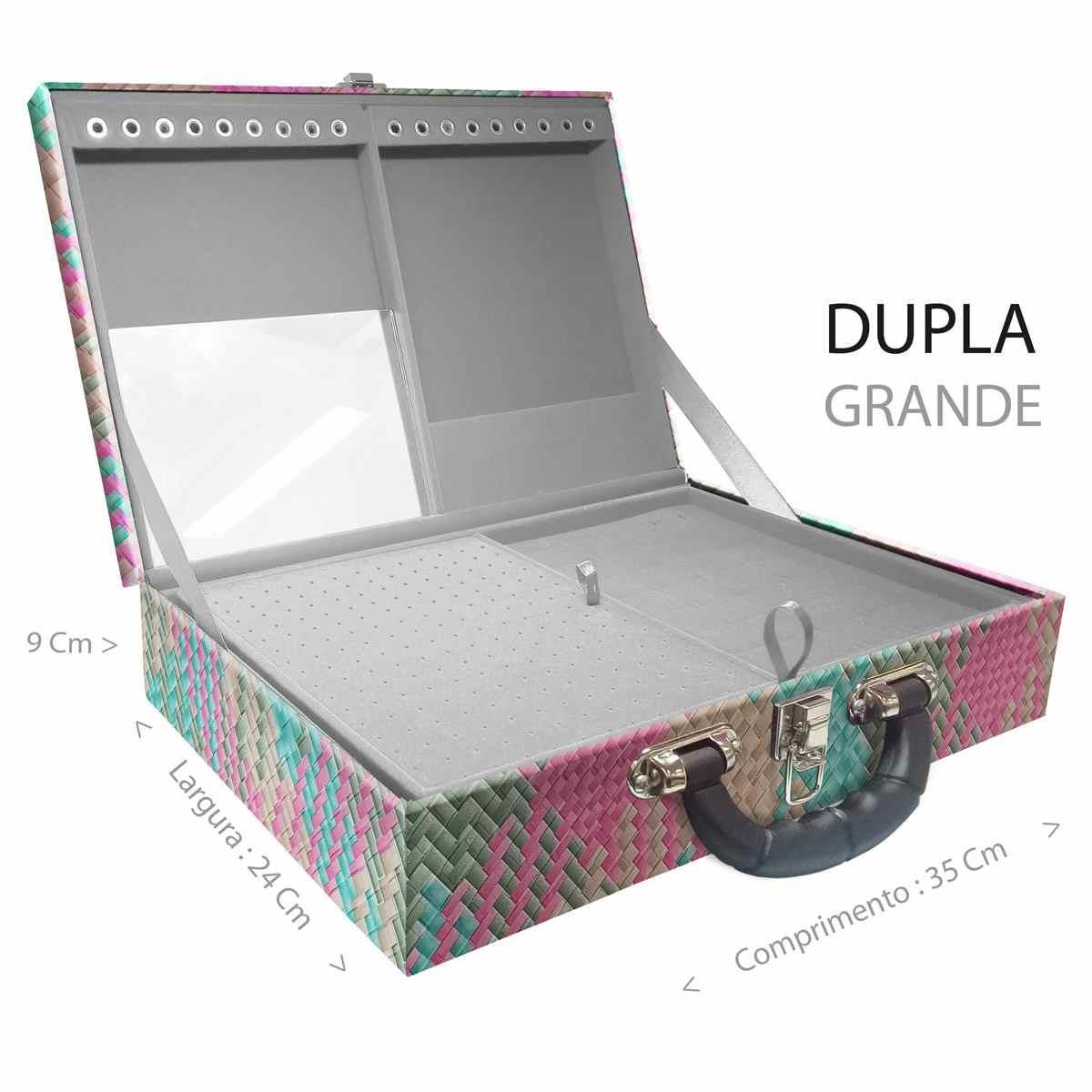 Estojo Maleta Porta Jóias Duplo Grande Fiji Pink Com Alça Preta e Espelho