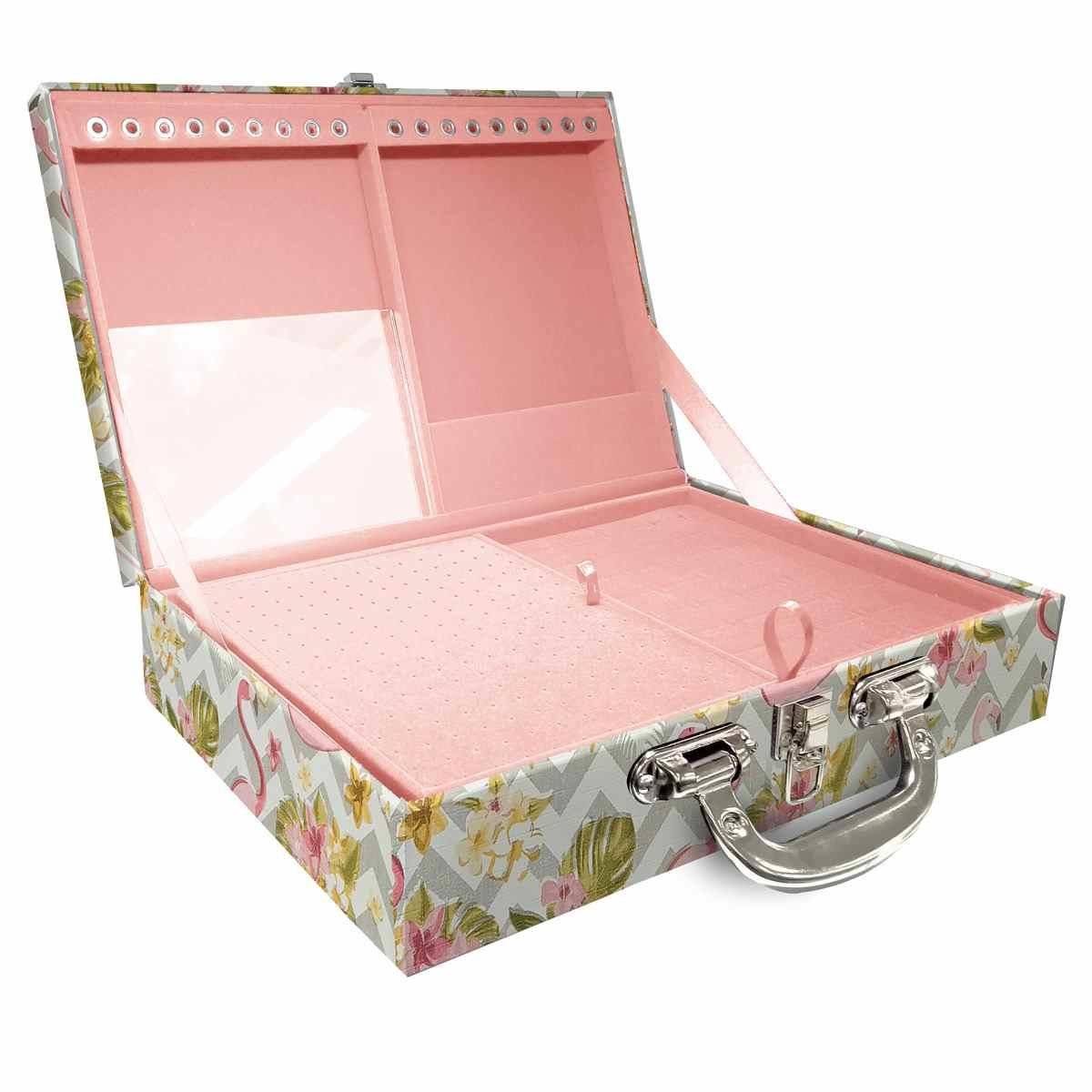 Estojo Maleta Porta Joias Dupla Grande Flamingo Com Alça Cromada E Espelho