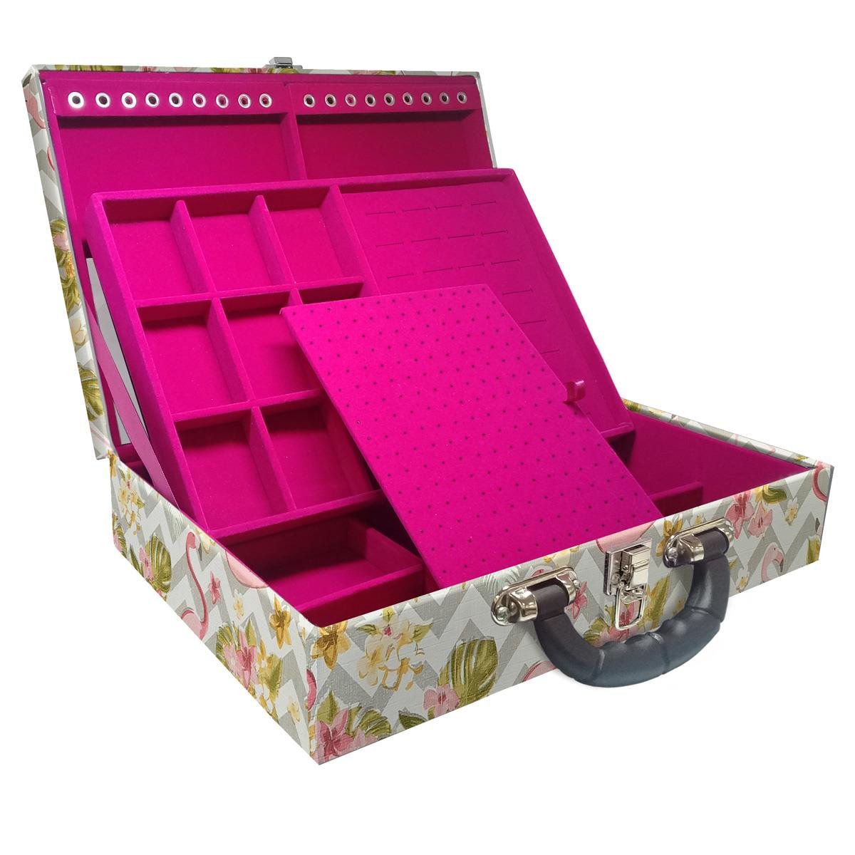 Estojo Maleta Porta Jóias Duplo Grande Flamingo Com Alça Preta e Espelho