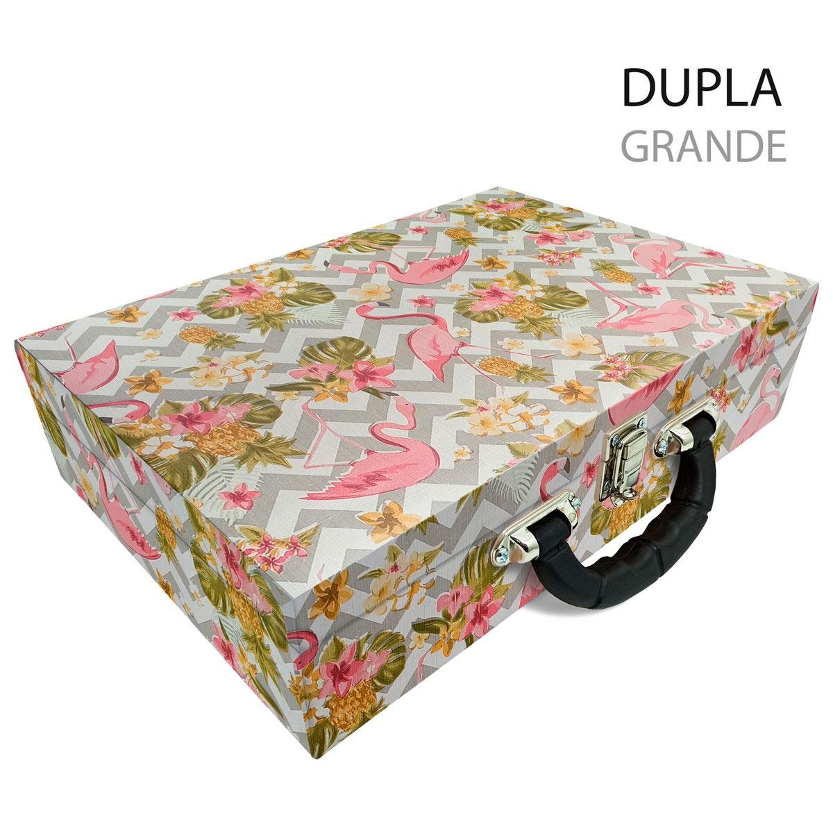 Estojo Maleta Porta Jóias Duplo Grande Flamingo Com Alça Preta e Espelho
