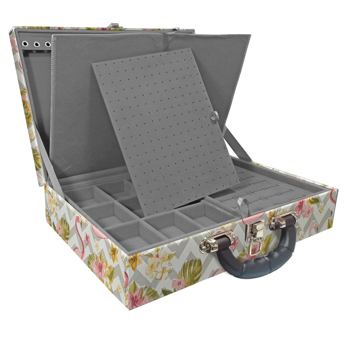 Estojo Maleta Porta Jóias Duplo Grande Flamingo Com Alça Preta e Imã