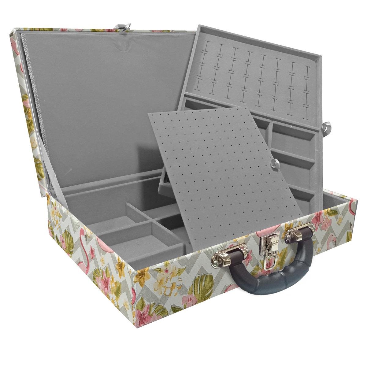 Estojo Maleta Porta Jóias Duplo Grande Flamingo Com Alça Preta e Imã