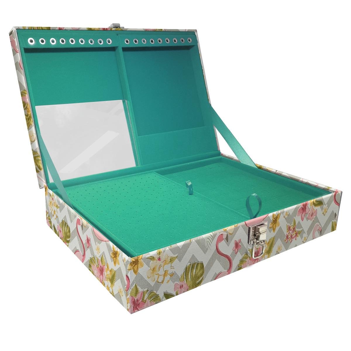 Estojo Maleta Porta Jóias Duplo Grande Flamingo Sem Alça e Com Espelho