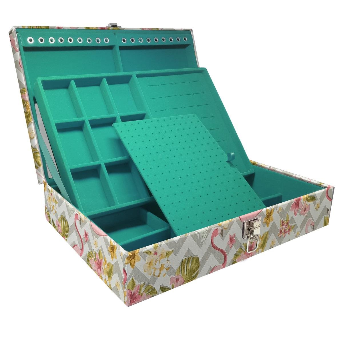 Estojo Maleta Porta Jóias Duplo Grande Flamingo Sem Alça e Com Espelho