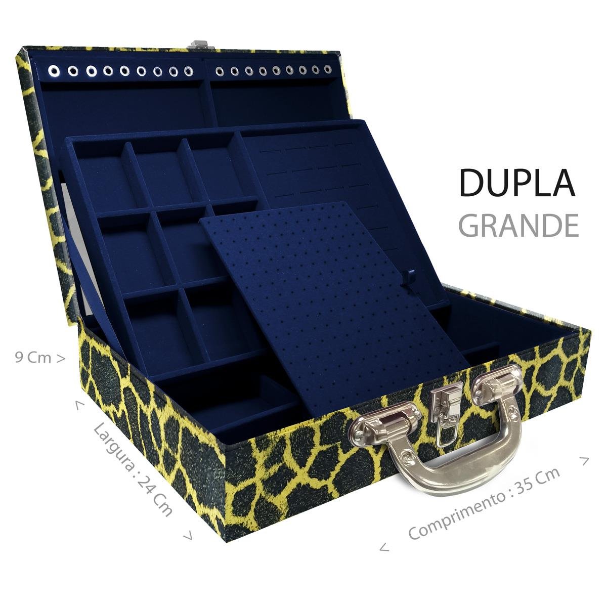 Estojo Maleta Porta Jóias Duplo Grande Girafa Amarela Com Alça Cromada e Espelho