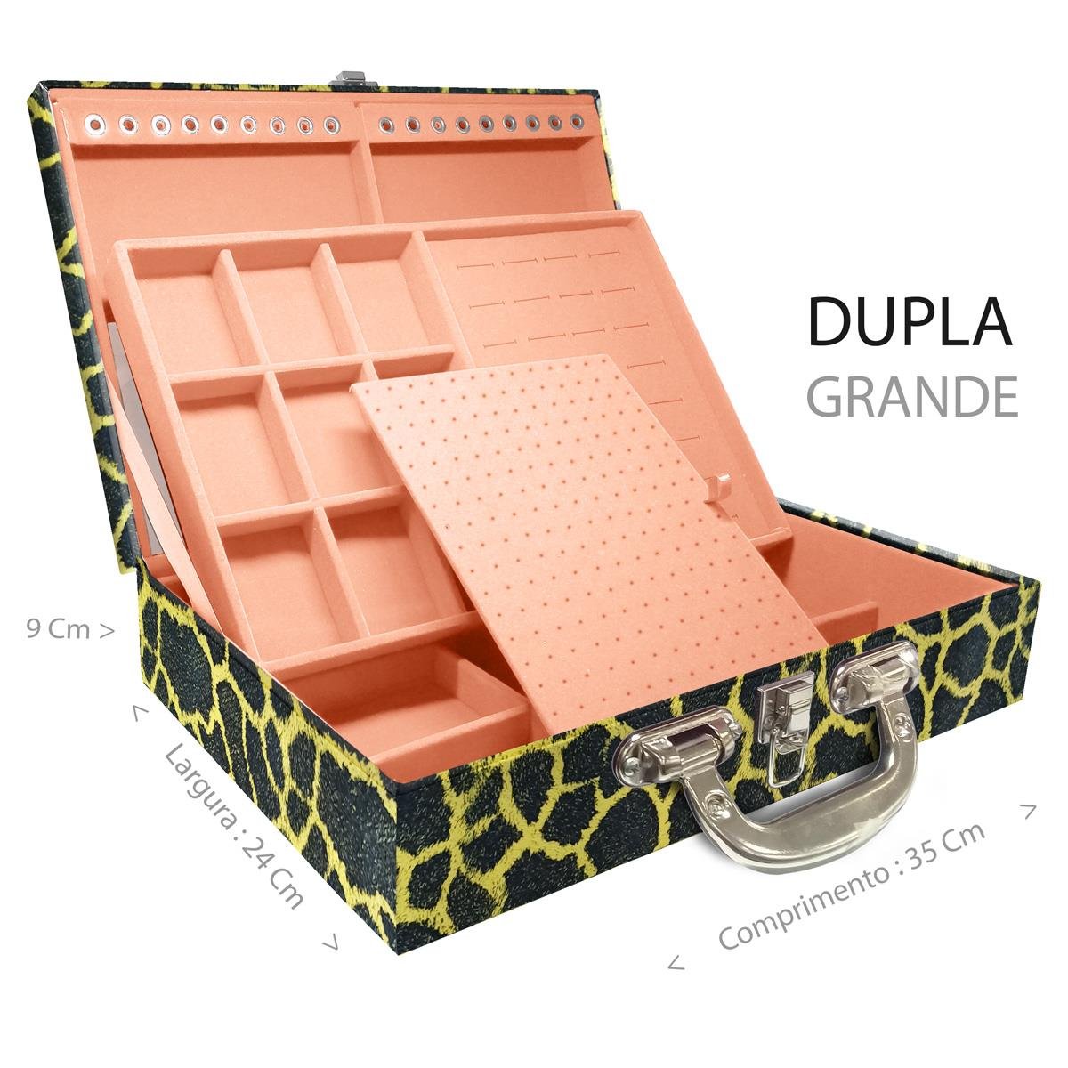 Estojo Maleta Porta Jóias Duplo Grande Girafa Amarela Com Alça Cromada e Espelho