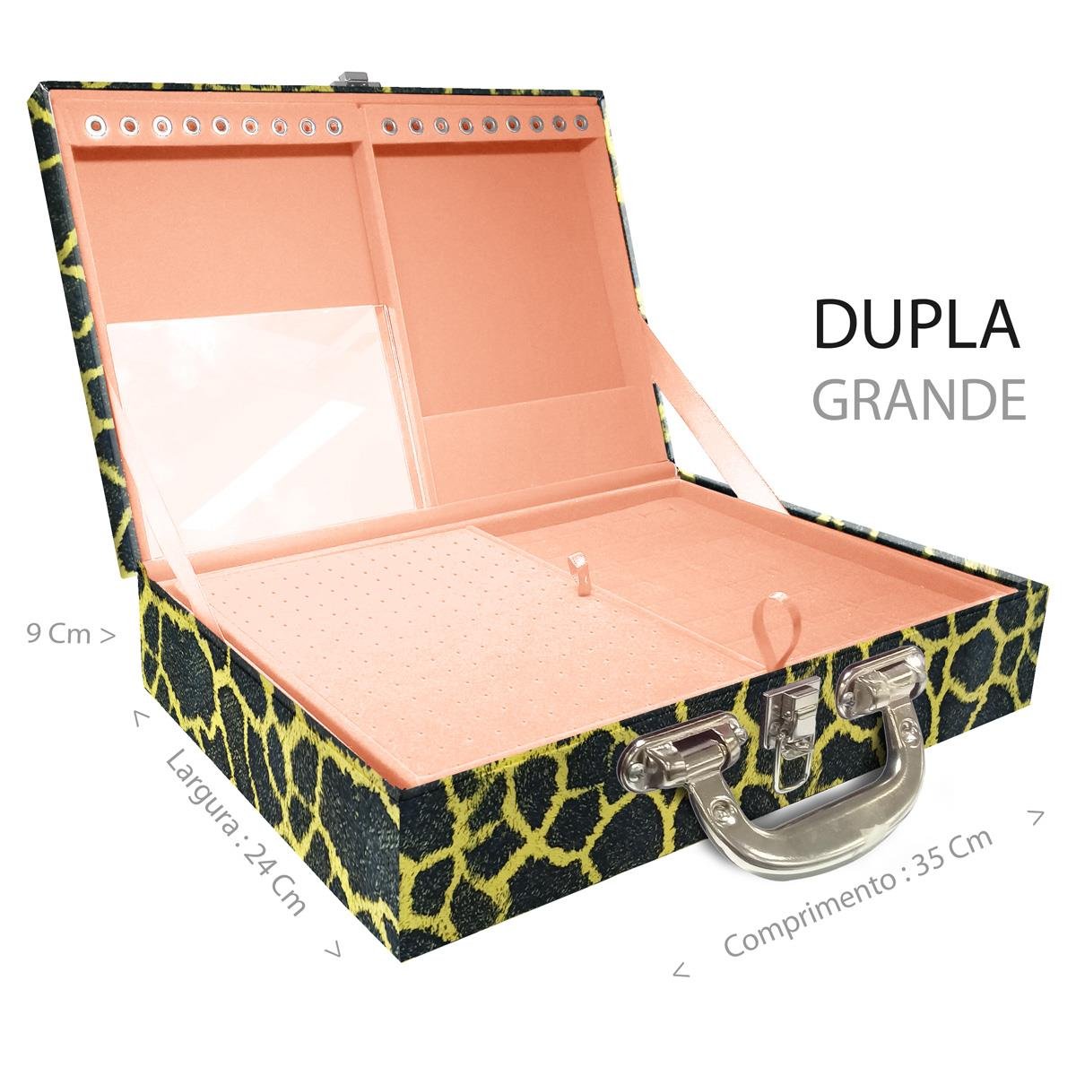 Estojo Maleta Porta Jóias Duplo Grande Girafa Amarela Com Alça Cromada e Espelho