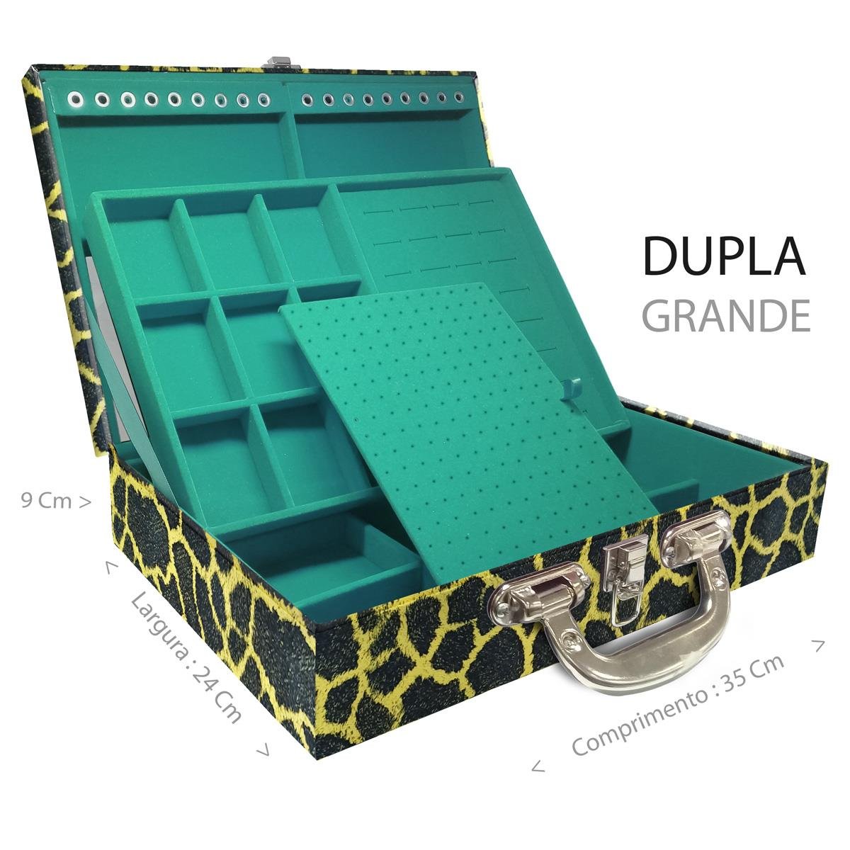Estojo Maleta Porta Jóias Duplo Grande Girafa Amarela Com Alça Cromada e Espelho