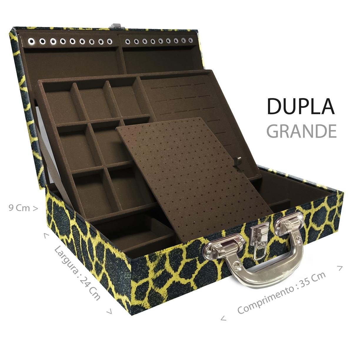 Estojo Maleta Porta Jóias Duplo Grande Girafa Amarela Com Alça Cromada e Espelho