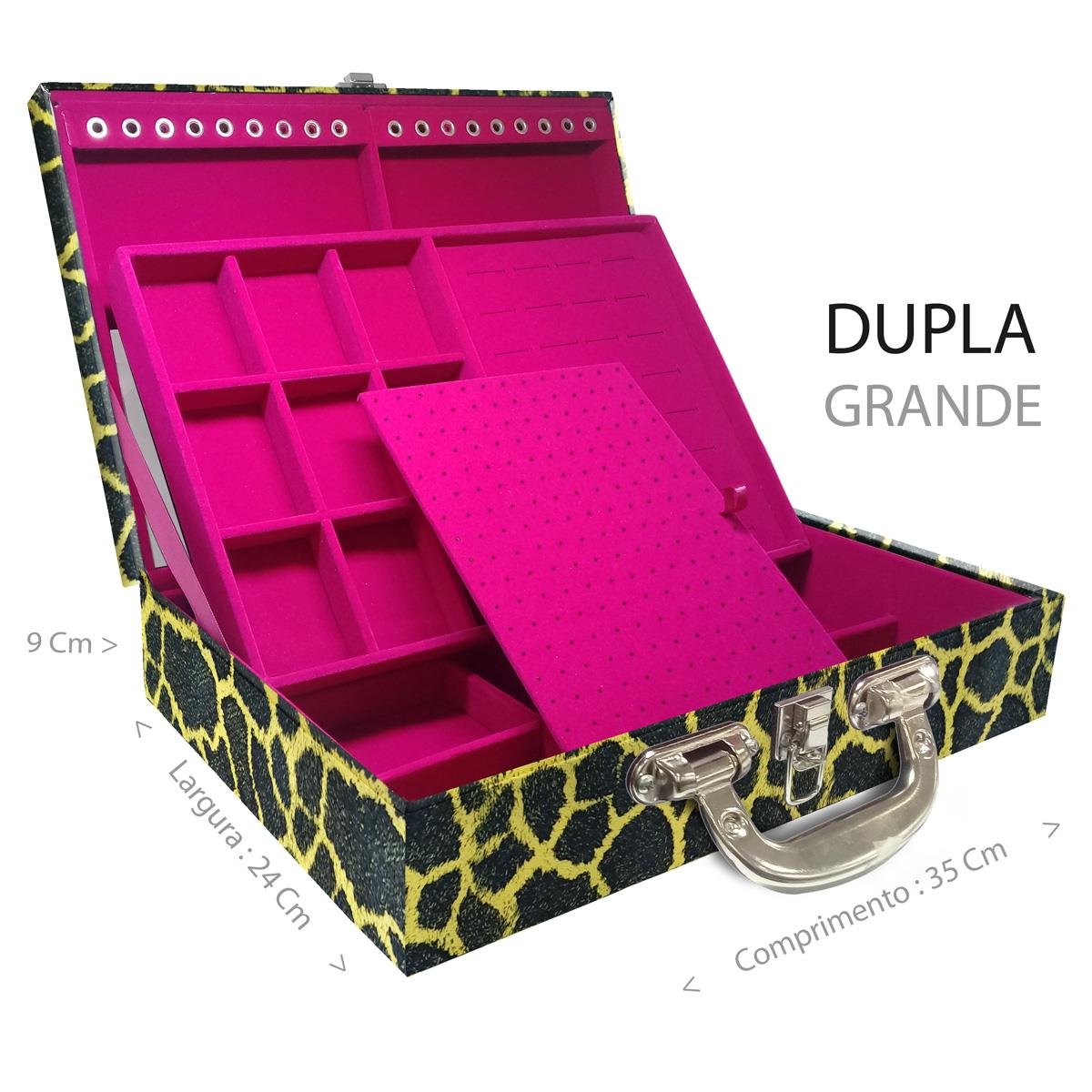 Estojo Maleta Porta Jóias Duplo Grande Girafa Amarela Com Alça Cromada e Espelho