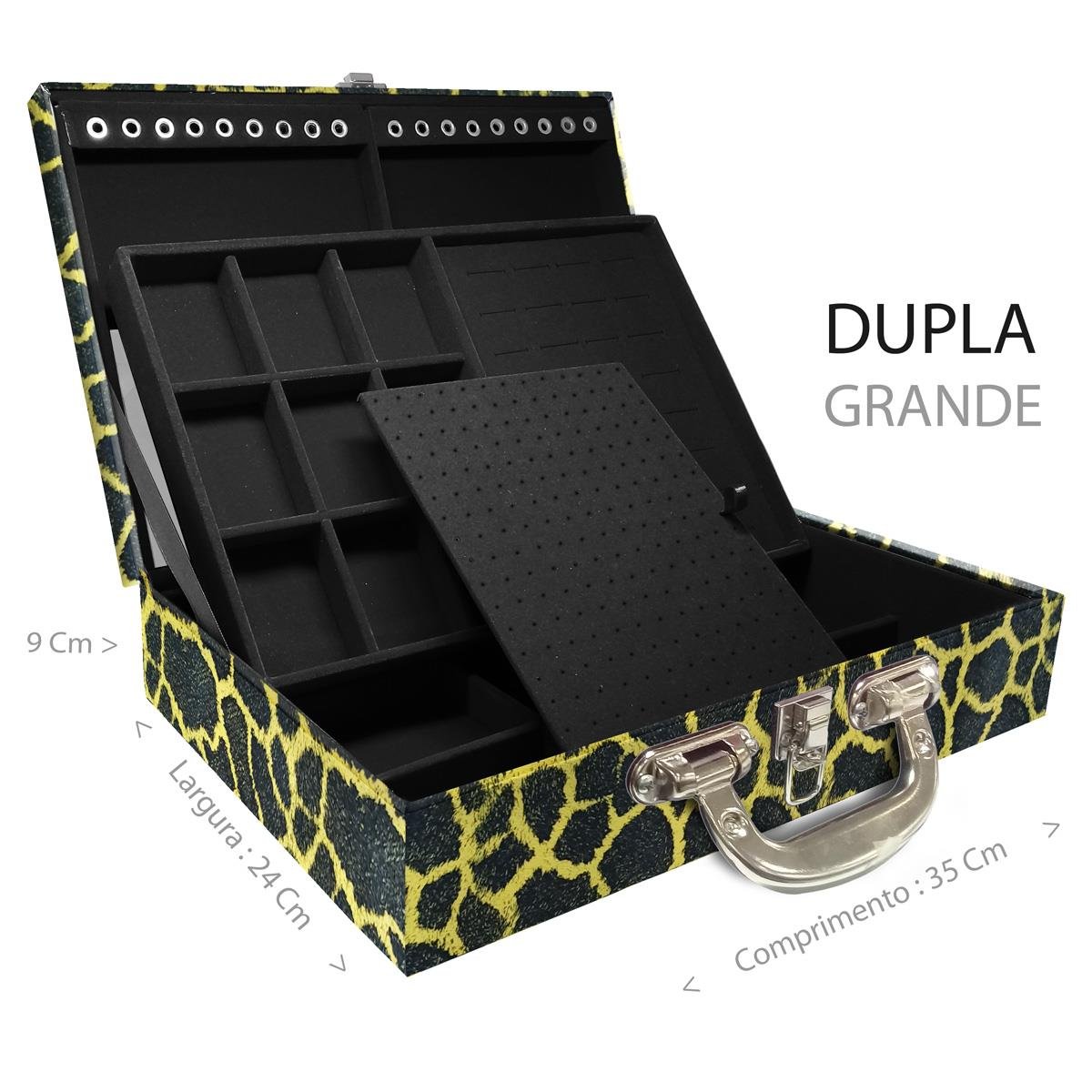 Estojo Maleta Porta Jóias Duplo Grande Girafa Amarela Com Alça Cromada e Espelho