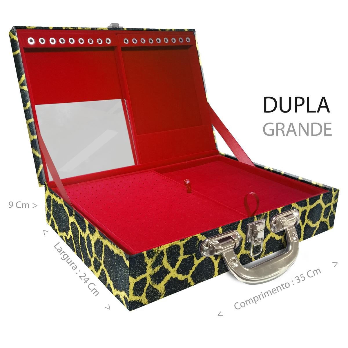 Estojo Maleta Porta Jóias Duplo Grande Girafa Amarela Com Alça Cromada e Espelho