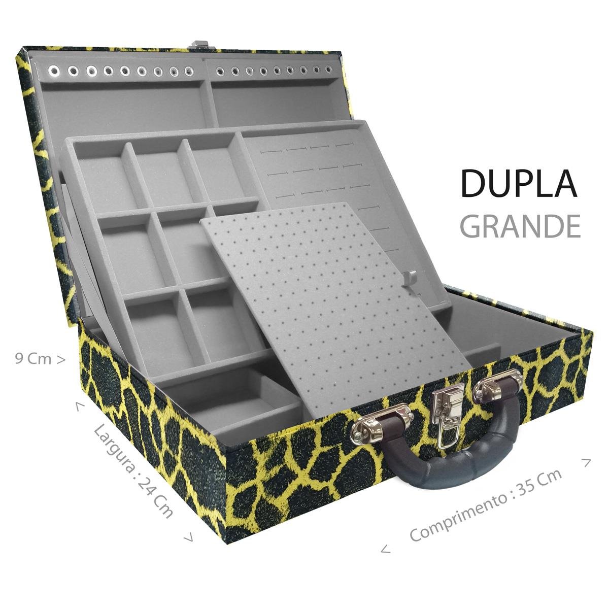 Estojo Maleta Porta Jóias Duplo Grande Girafa Amarela Com Alça Preta e Espelho