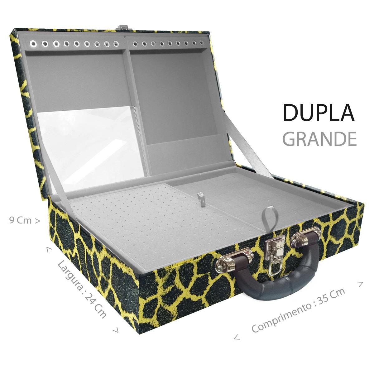 Estojo Maleta Porta Jóias Duplo Grande Girafa Amarela Com Alça Preta e Espelho