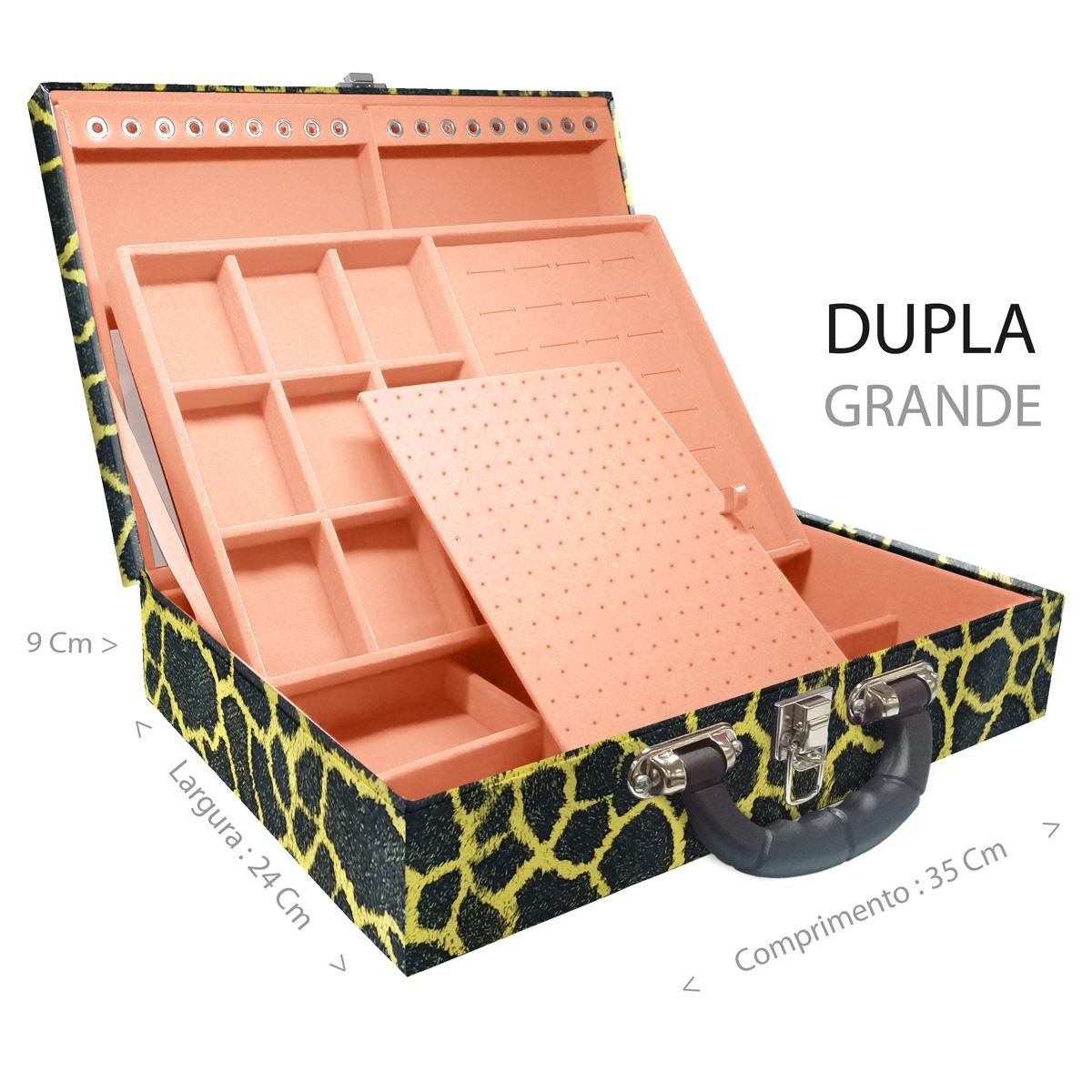 Estojo Maleta Porta Jóias Duplo Grande Girafa Amarela Com Alça Preta e Espelho