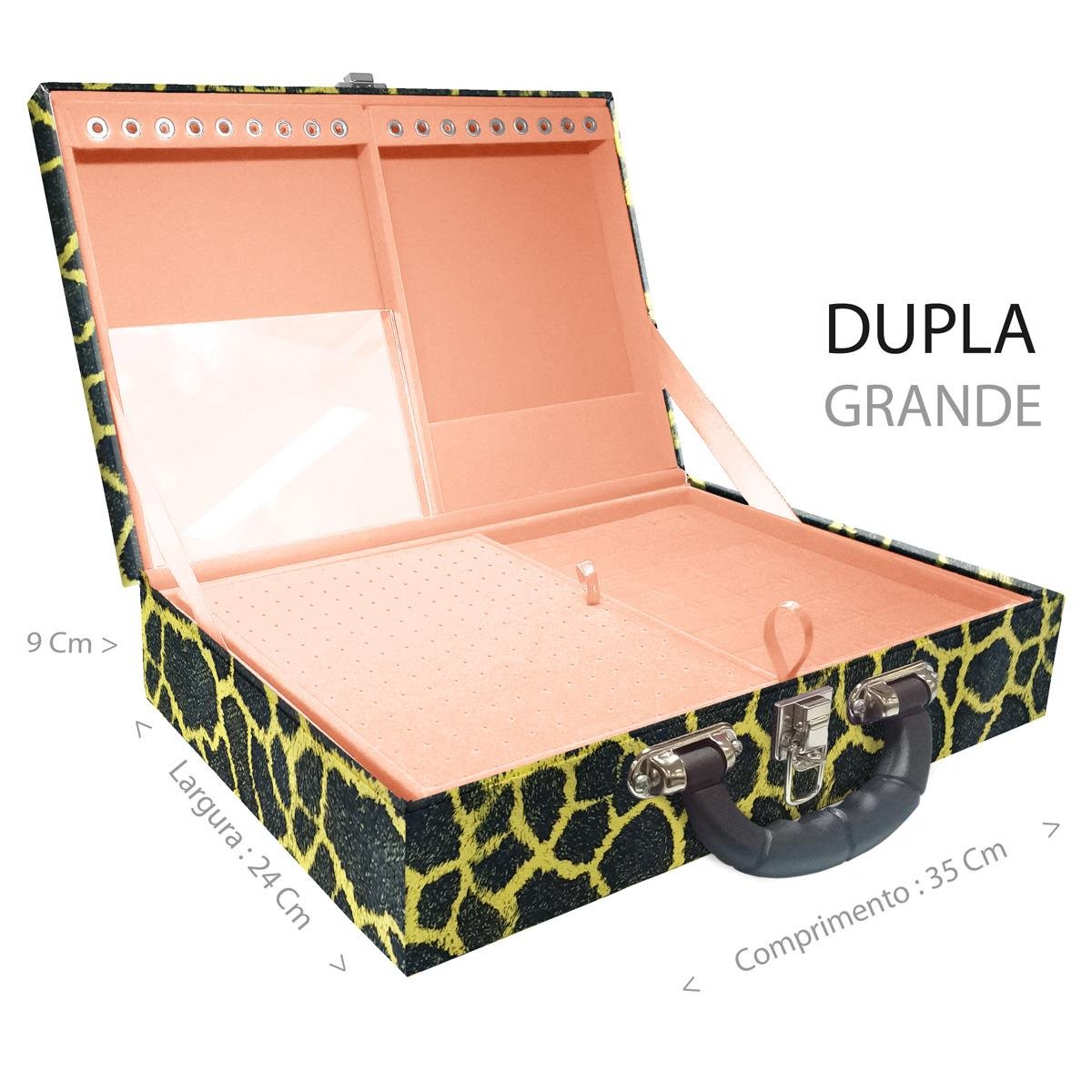 Estojo Maleta Porta Jóias Duplo Grande Girafa Amarela Com Alça Preta e Espelho