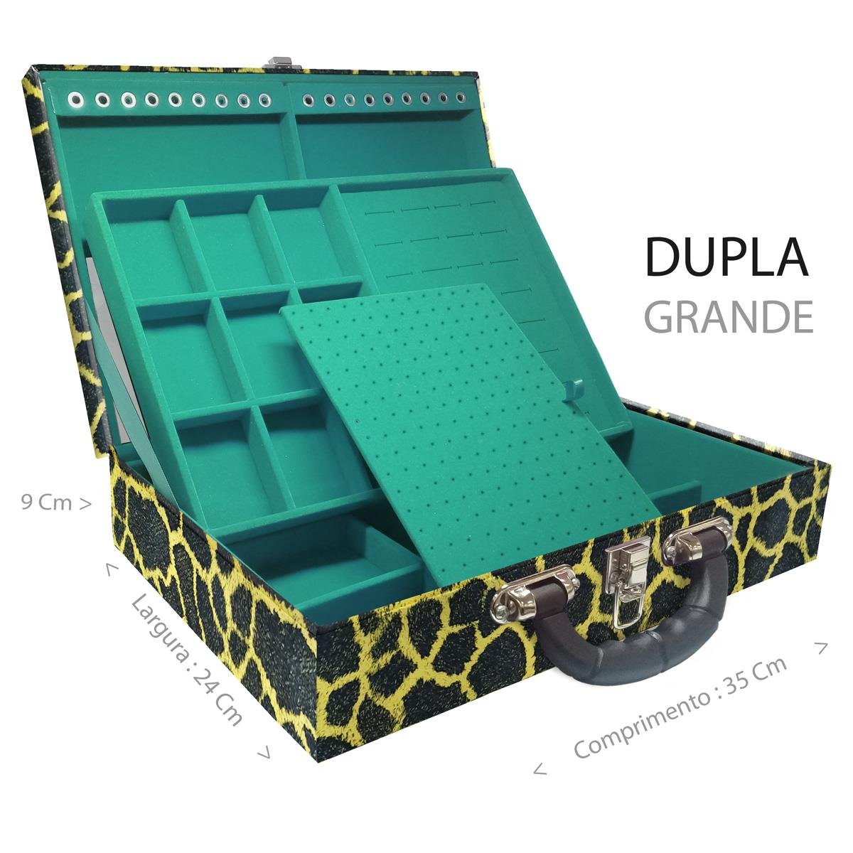 Estojo Maleta Porta Jóias Duplo Grande Girafa Amarela Com Alça Preta e Espelho