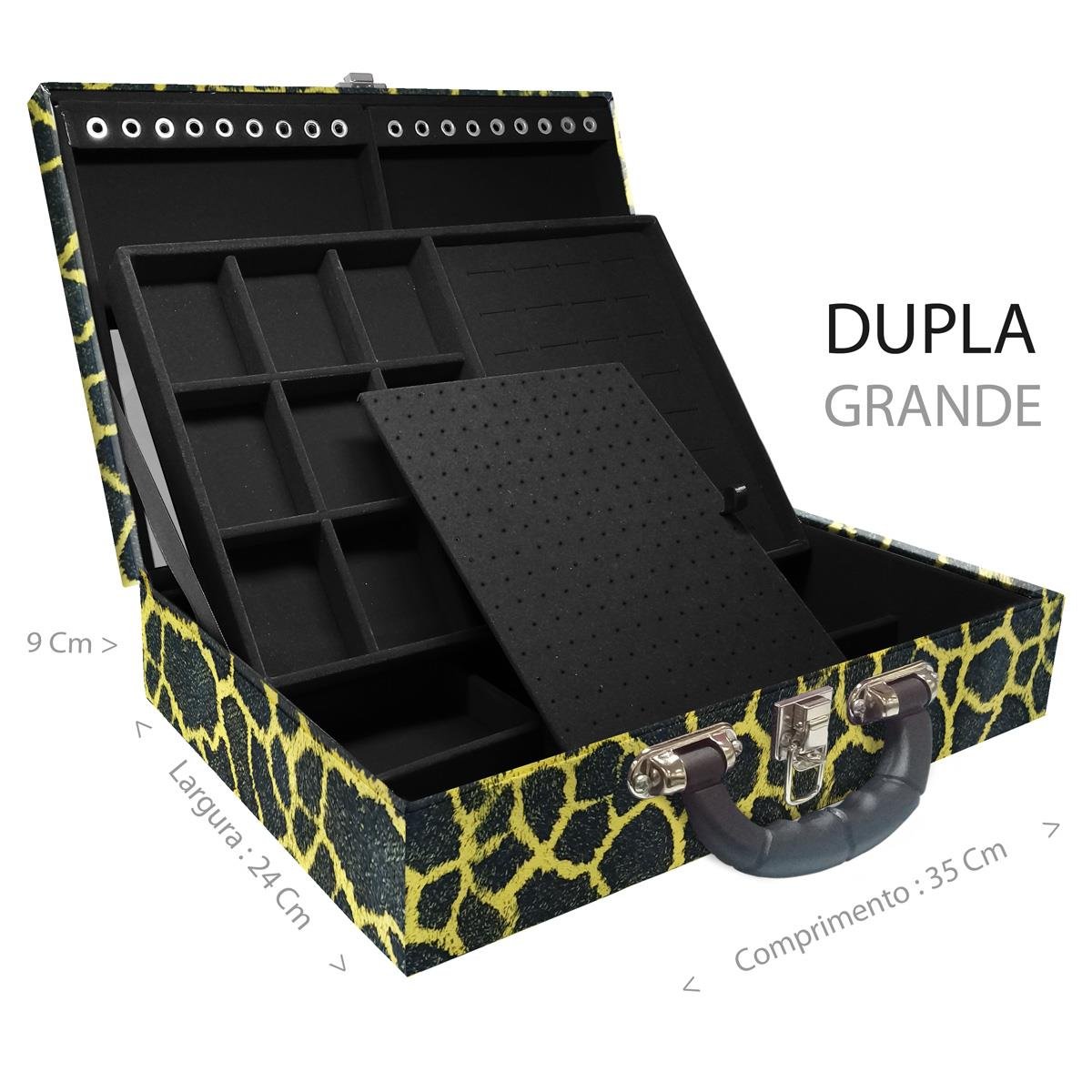 Estojo Maleta Porta Jóias Duplo Grande Girafa Amarela Com Alça Preta e Espelho
