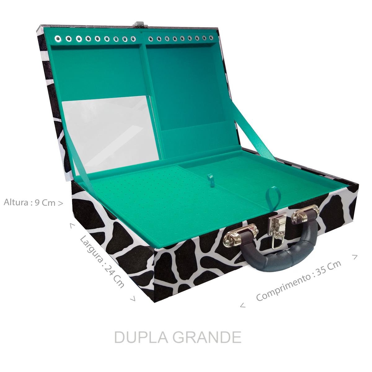 Estojo Maleta Porta Jóias Duplo Grande Girafa Preto Com Alça Preta e Espelho