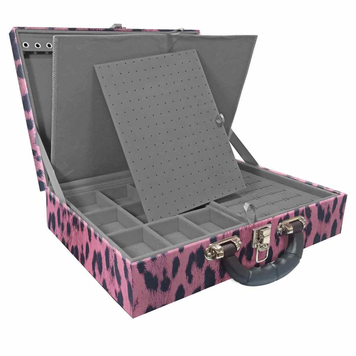 Estojo Maleta Porta Jóias Duplo Grande Hiena Rosa Com Alça Preta e Imã