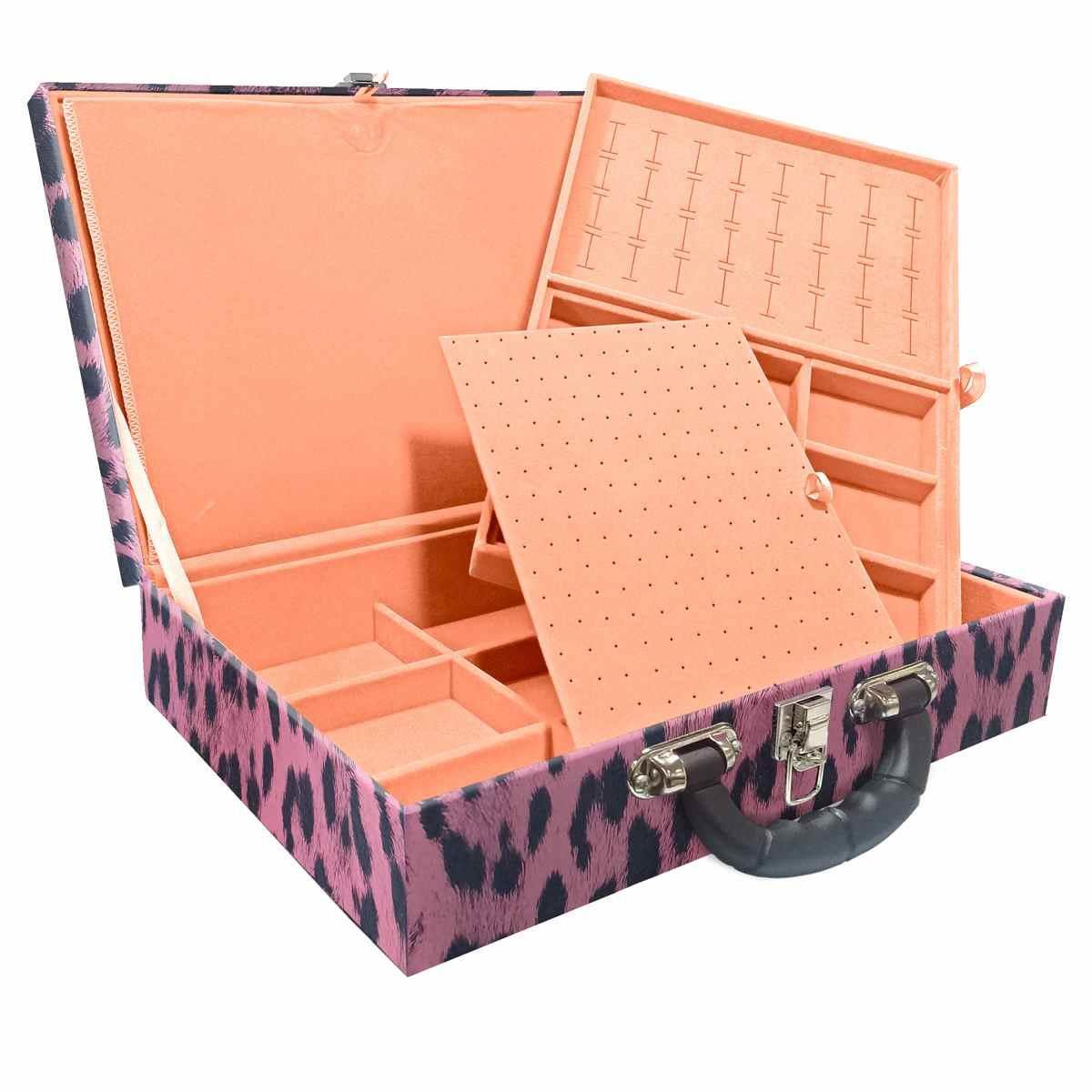 Estojo Maleta Porta Jóias Duplo Grande Hiena Rosa Com Alça Preta e Imã