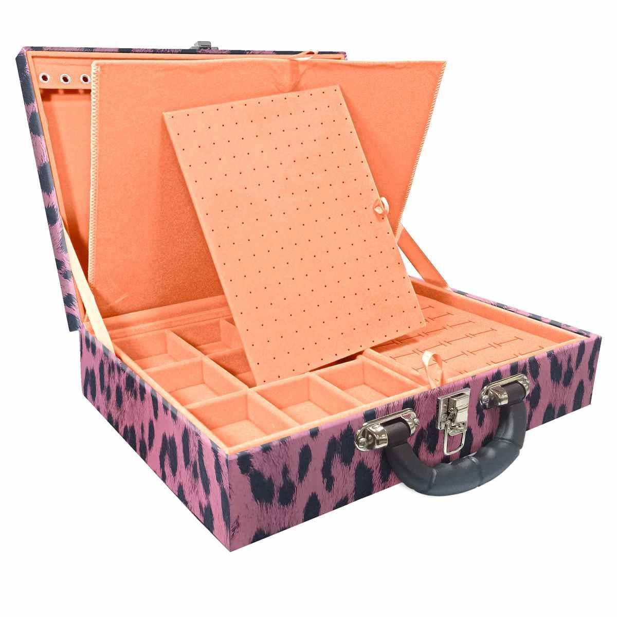 Estojo Maleta Porta Jóias Duplo Grande Hiena Rosa Com Alça Preta e Imã