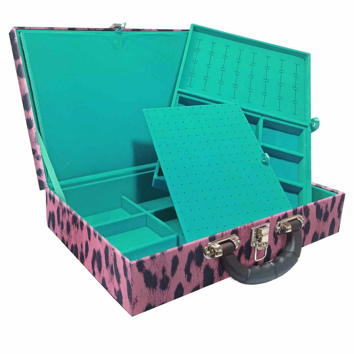 Estojo Maleta Porta Jóias Duplo Grande Hiena Rosa Com Alça Preta e Imã