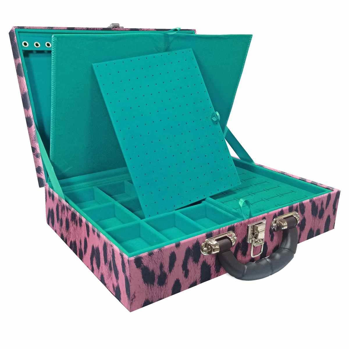 Estojo Maleta Porta Jóias Duplo Grande Hiena Rosa Com Alça Preta e Imã
