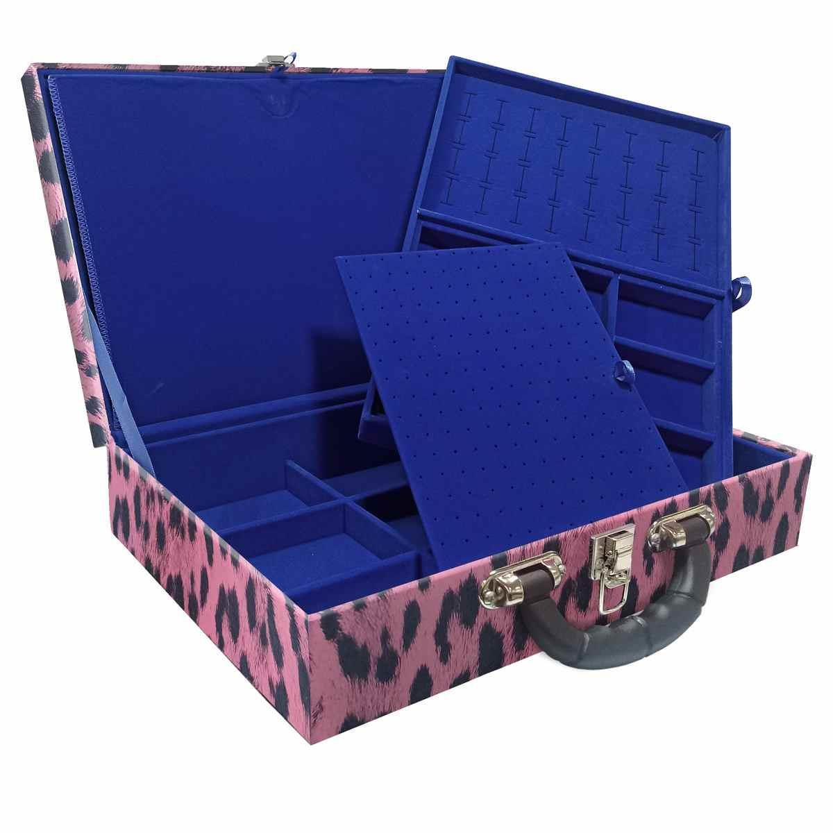 Estojo Maleta Porta Jóias Duplo Grande Hiena Rosa Com Alça Preta e Imã