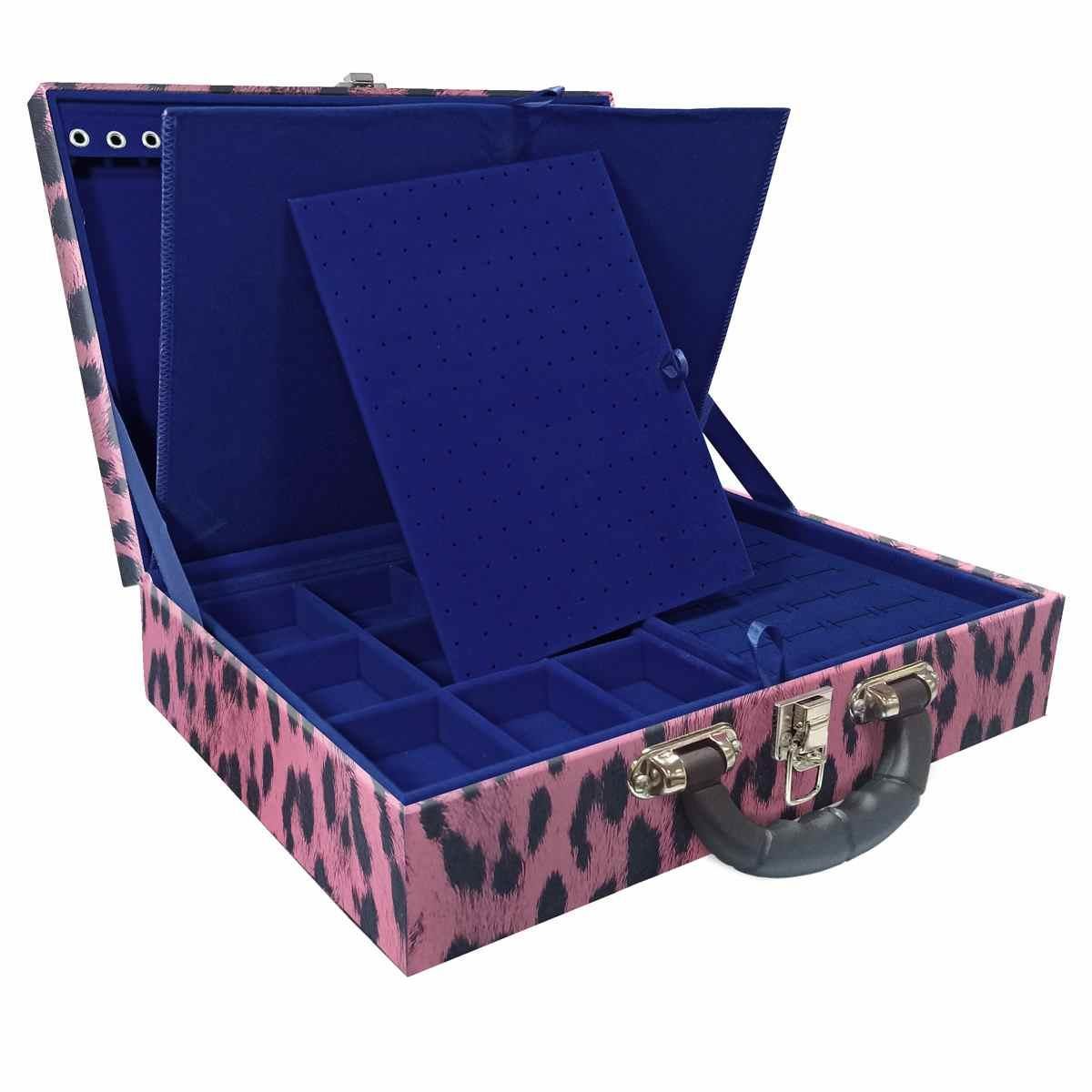 Estojo Maleta Porta Jóias Duplo Grande Hiena Rosa Com Alça Preta e Imã