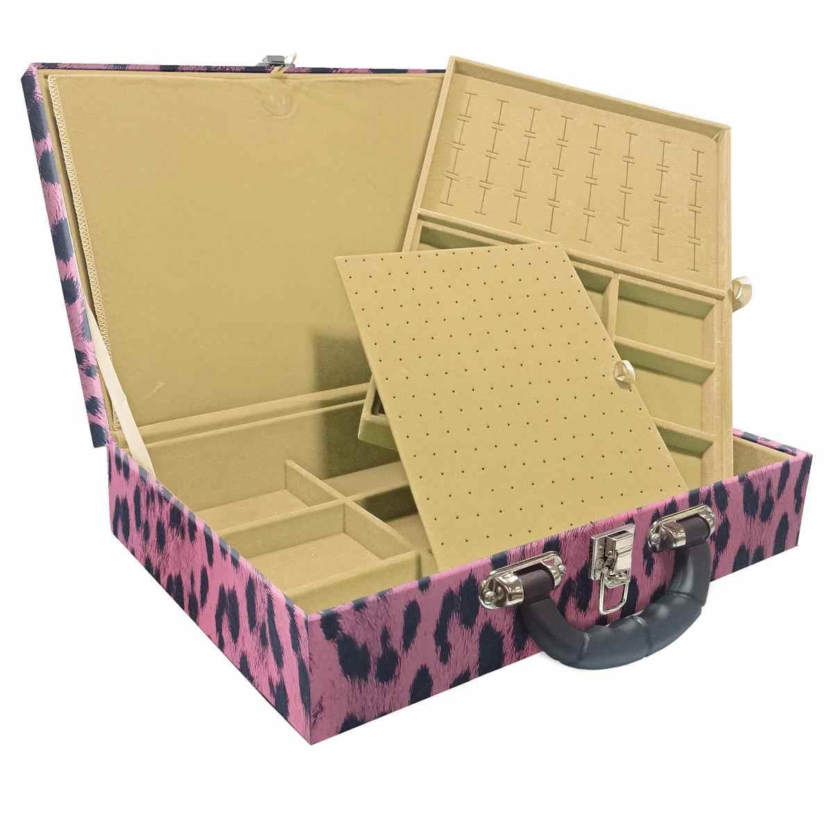 Estojo Maleta Porta Jóias Duplo Grande Hiena Rosa Com Alça Preta e Imã