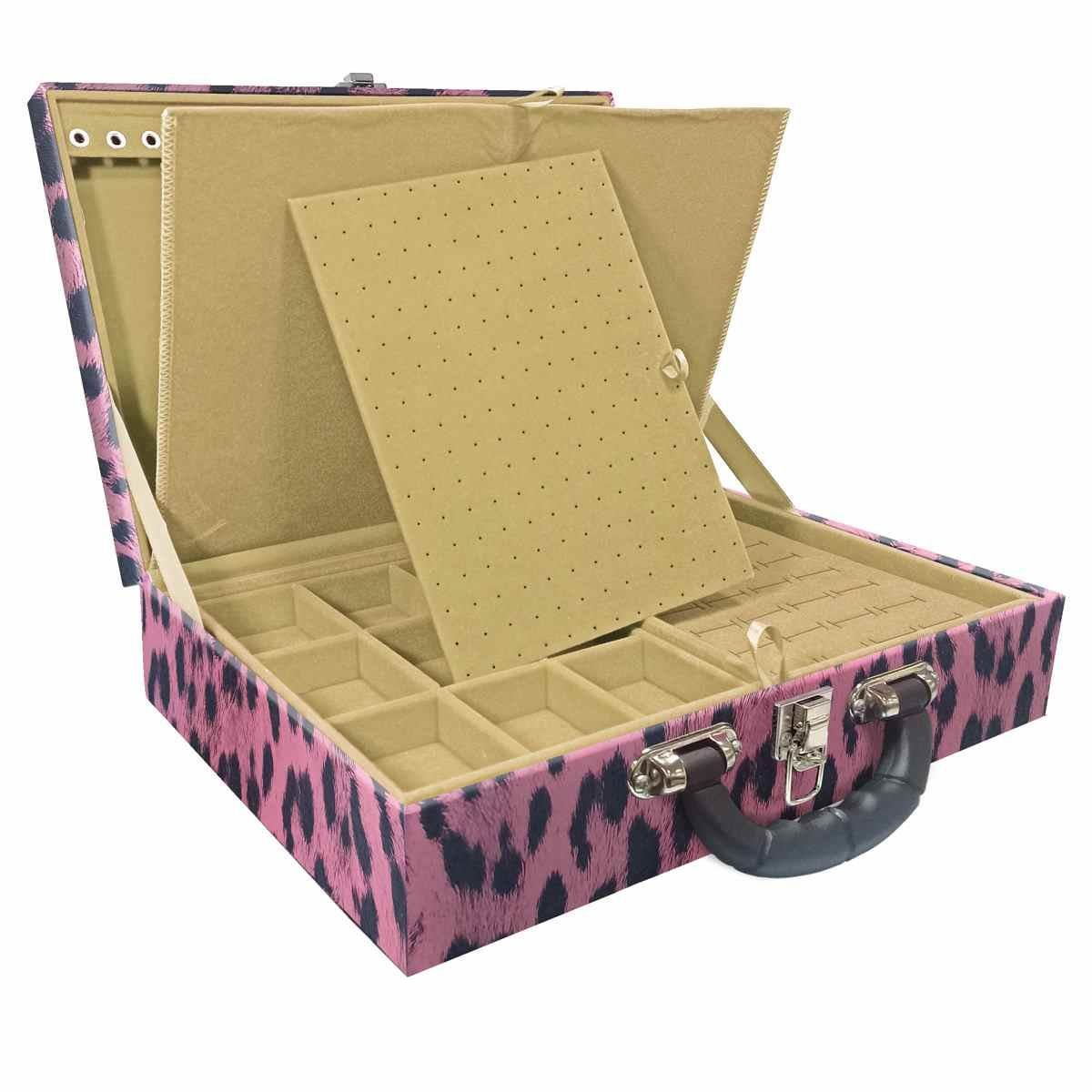 Estojo Maleta Porta Jóias Duplo Grande Hiena Rosa Com Alça Preta e Imã