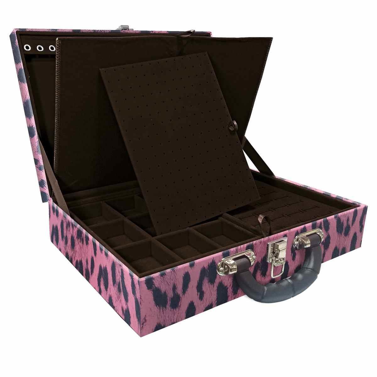 Estojo Maleta Porta Jóias Duplo Grande Hiena Rosa Com Alça Preta e Imã