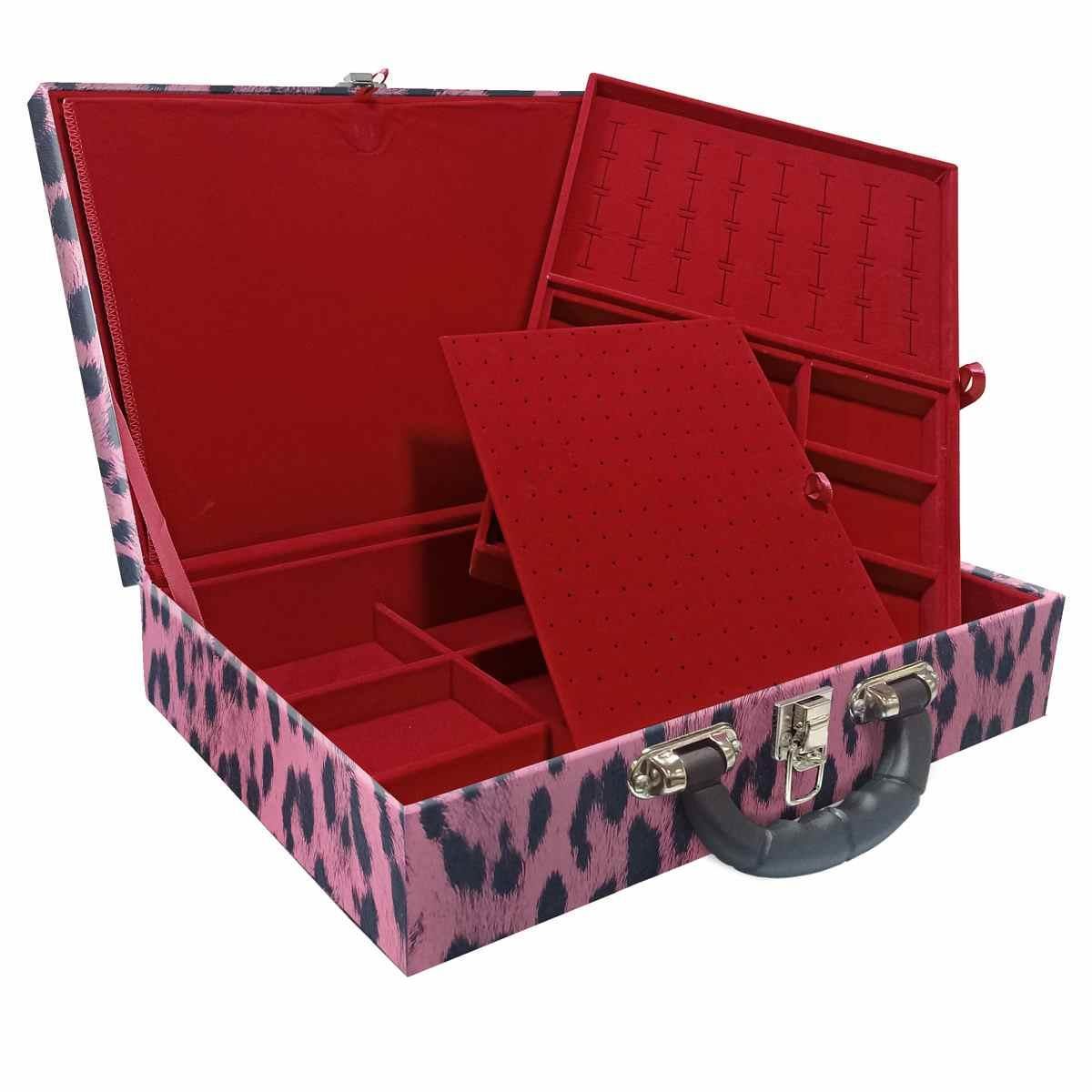 Estojo Maleta Porta Jóias Duplo Grande Hiena Rosa Com Alça Preta e Imã