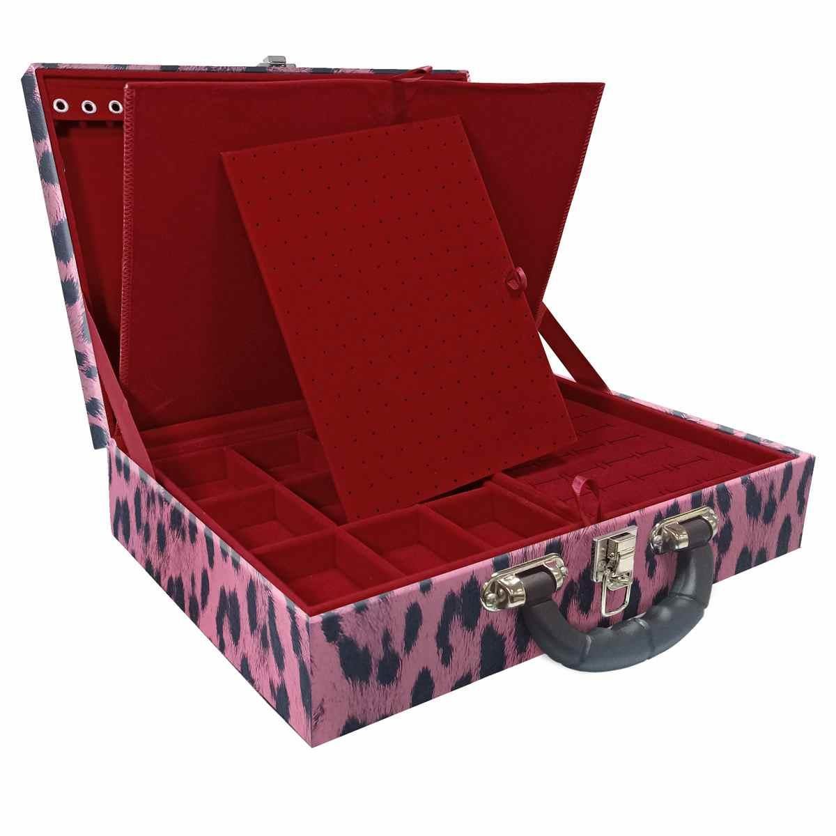 Estojo Maleta Porta Jóias Duplo Grande Hiena Rosa Com Alça Preta e Imã