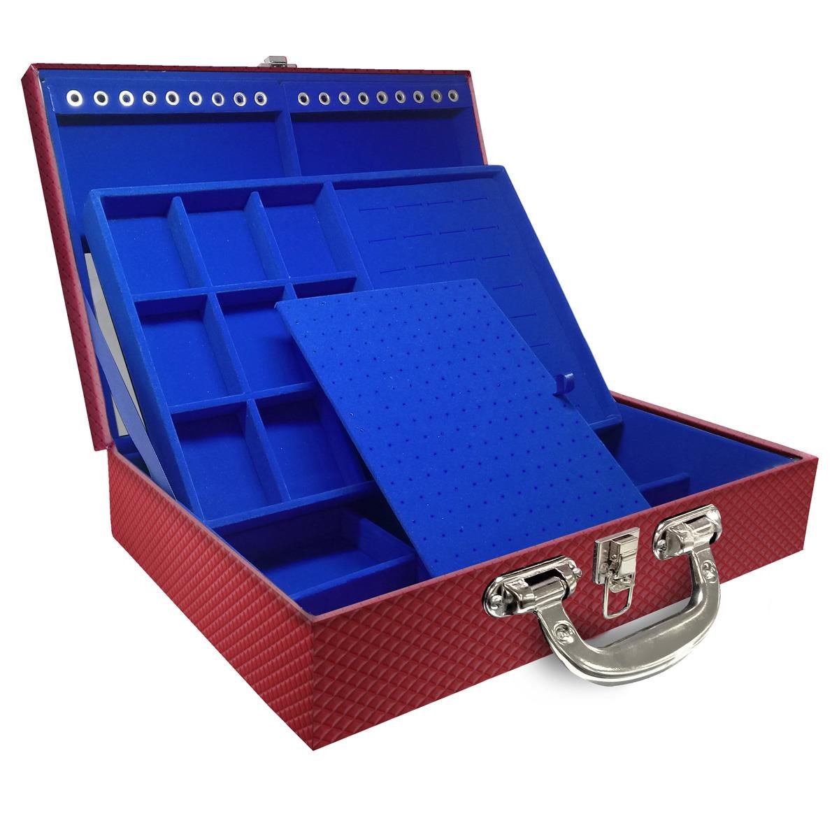 Estojo Maleta Porta Jóias Duplo Grande Ibiza Carmim Com Alça Cromada e Espelho