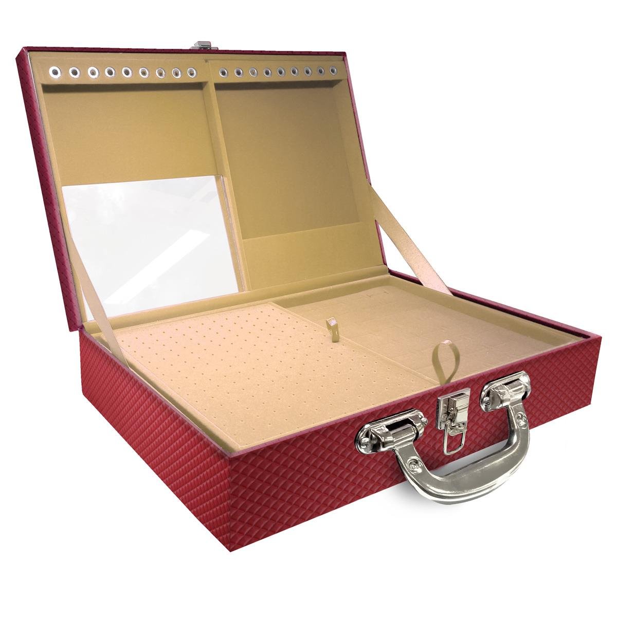 Estojo Maleta Porta Jóias Duplo Grande Ibiza Carmim Com Alça Cromada e Espelho